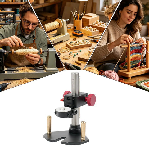 Sturdy Rotary Tool Stand For A Stable Drill Press Makeover with aluminum base, shown in crafting and jewelry making setup.