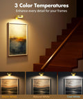 3 Pack Wireless Picture Lights For Wall, Battery Operated Poster Lamps With Polished Gold Finish highlighting art in three color temperatures.