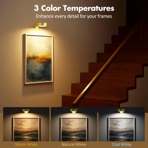 3 Pack Wireless Picture Lights For Wall, Battery Operated Poster Lamps With Polished Gold Finish highlighting art in three color temperatures.