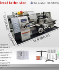 Jaryannix 8x16 Inch Metal Bench Lathe With 1100W Brushless Motor And Digital Speed Control Up To 2500 RPM Precision Engine Turning Machine for Woodworking, showing dimensions and included tools.