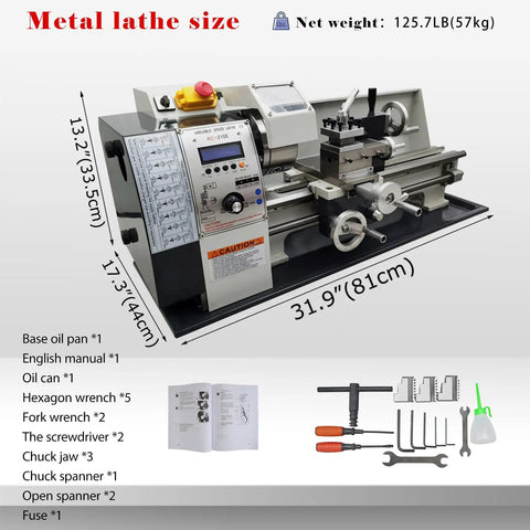Jaryannix 8x16 Inch Metal Bench Lathe With 1100W Brushless Motor And Digital Speed Control Up To 2500 RPM Precision Engine Turning Machine for Woodworking, showing dimensions and included tools.