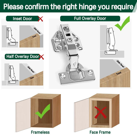 Top Shelf Full Overlay Kitchen Cabinet Door Hinges 10 Pack 105 Degree Frameless Concealed Soft Close Adjustable Mounting Hardware For Older Homes No Sweat Quick Swap Install hinge comparison for frameless and overlay doors.