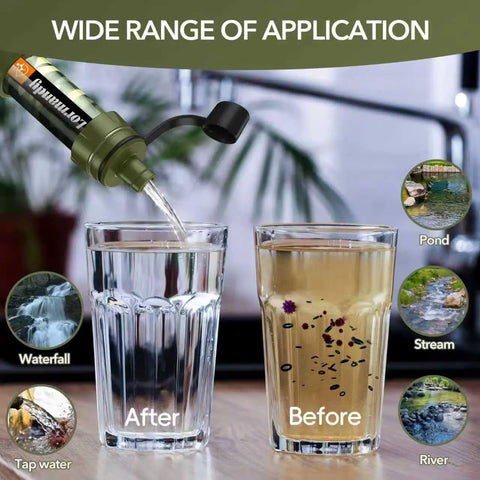 Portable Water Purifier Straw For Hiking And Camping, Reusable Filtration System With Medical Grade Filters, BPA Free, Triple Filtration, Emergency Water Purifier For Travel And Outdoor Survival Gear demonstrating water purification in before and after glasses.