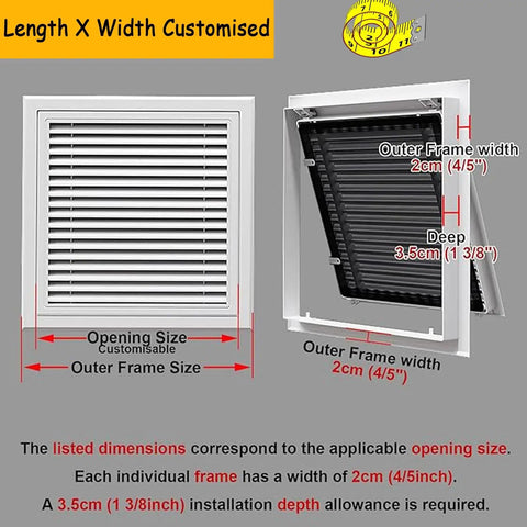 Badass Durable Black Return Air Grille And Wall Or Ceiling Vent Cover Featuring A Slick Removable Filter Door For Garage Shed Setup No Sweat Install Rock Solid Steel Build Quality dimensions guide showing size details and installation depth.