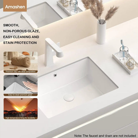 Compact White Ceramic Undermount Bathroom Sink 16.54 By 12.87 Inches With Overflow Rectangular Vanity Lavatory Basin For Modern Under Counter Install Space Saver Design For Tiny Bathrooms in a clean contemporary vanity setup.