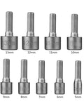 Heavy Duty Nut Driver Set Featuring Nine Piece Socket Spanner Kit One Quarter Inch Hex Shank showing 5 to 13 mm adapter heads.
