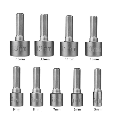 Heavy Duty Nut Driver Set Featuring Nine Piece Socket Spanner Kit One Quarter Inch Hex Shank showing 5 to 13 mm adapter heads.