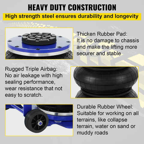 Beefy Triple Bag Air Jack 3 Ton Lift For Cars with rugged triple airbag, rubber pad, and durable wheels for garage repairs
