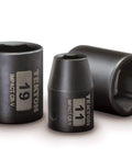 1/2 Inch Drive 6-Point Impact Socket Set, 14-Piece Metric 11-32 mm, close-up of black sockets showing hexagonal interiors