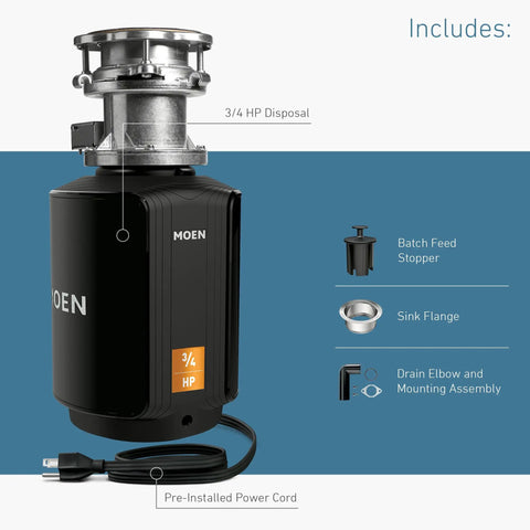 Image of Powerful 0.75 Horsepower Garbage Disposal With Power Cord, Batch Feed Safety Activation And Quiet Operation, showing accessories.