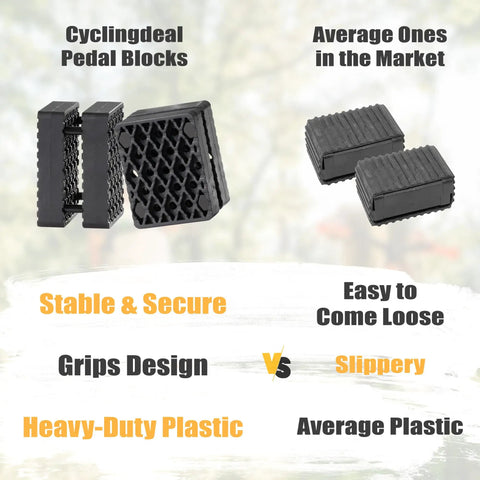 Cyclingdeal pedal blocks vs average market pedal blocks comparison with emphasis on stability, grip design, and material quality.