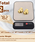 Beefy Two Pack One Quarter Inch NPT Female Brass Tee Fittings on scale showing 78.2g, highlighting heavy-duty barstock forged brass material