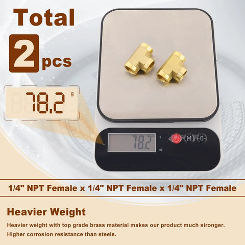 Beefy Two Pack One Quarter Inch NPT Female Brass Tee Fittings on scale showing 78.2g, highlighting heavy-duty barstock forged brass material