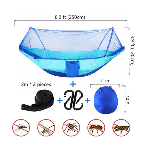Ultra Comfy Camping Hammock With Mosquito Net, 13ft Tree Straps And Carabiners, blue nylon material, setup accessories shown