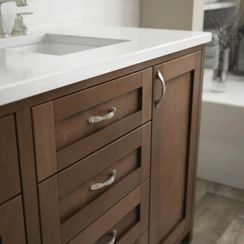 10 Pack Satin Nickel Cabinet Handles 3 Inch Hole Center Classic Pulls installed on wooden bathroom vanity cabinet and drawers.