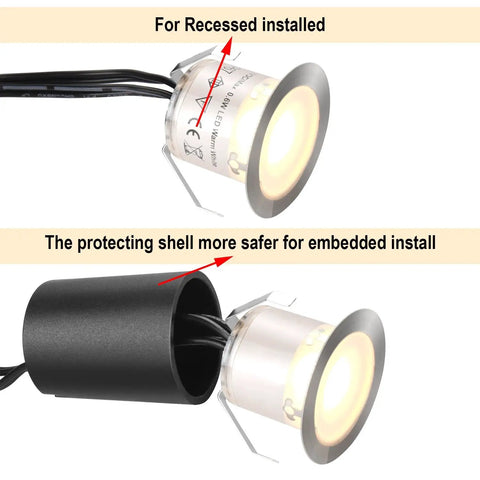 In Ground LED Deck Light Kit With 32mm Protective Shell IP67 Waterproof Outdoor Landscape Lighting 12V Low Voltage Warm White Glow Easy Install For Garden Yard Steps Stairs Patio Floor And Kitchen Decor showing recessed and embedded options.