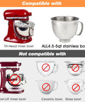 Spill Proof Bowl Covers For 4.5 To 5 Qt Tilt Head Stand Mixers With Splash Guard And Extra Pouring Window Dishwasher Safe Lid To Prevent Messes Fits 4.5 To 5 Qt Bowls Pack Of 2 showing compatibility with tilt-head mixer bowls