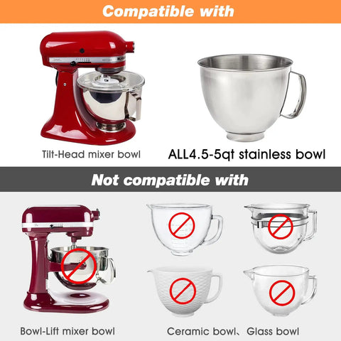 Spill Proof Bowl Covers For 4.5 To 5 Qt Tilt Head Stand Mixers With Splash Guard And Extra Pouring Window Dishwasher Safe Lid To Prevent Messes Fits 4.5 To 5 Qt Bowls Pack Of 2 showing compatibility with tilt-head mixer bowls