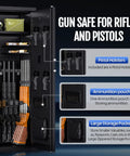 Open Beefy Biometric Gun Safe for 12 Rifles and 4 Pistols With Digital Keypad, showing pistol holsters and storage pockets inside