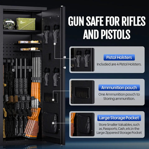 Open Beefy Biometric Gun Safe for 12 Rifles and 4 Pistols With Digital Keypad, showing pistol holsters and storage pockets inside