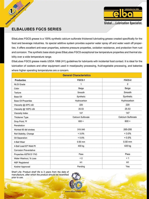 ElbaLubes FGCS series calcium sulfonate grease specifications for food and beverage equipment use; includes product details and features.