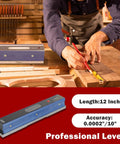 12 Inch Precision Level With Box For Machinists And Toolmakers, 0.0002 Inch Per 10 Inch Accuracy in use on a workbench.