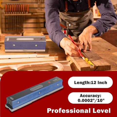 12 Inch Precision Level With Box For Machinists And Toolmakers, 0.0002 Inch Per 10 Inch Accuracy in use on a workbench.