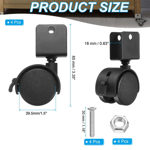 Rock Solid 1.5 Inch Nylon Swivel Casters With Positive Locking Brakes Whisper Quiet 4 Pack Replacement Wheels Hassle Free 0.63 Inch U Bracket Mount For Furniture Cabinets And Shop Gear In Black, dimensions shown.