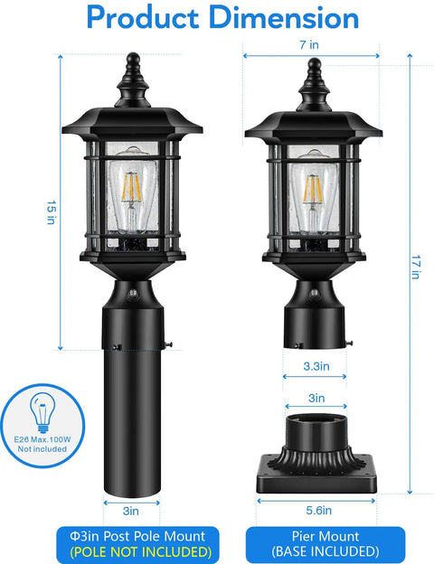 Dusk To Dawn Outdoor Post Light Black Finish Hardwired 120V Lantern With Pier Mount Base dimensions illustration