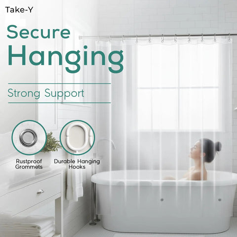 Magnet Grip Shower Curtain Liner With Weighted Magnets, 72x72 Inches, in bathroom setting, hanging on rustproof grommets.