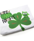 White t-shirt with green four-leaf clover and owl graphic, text 'Party Owl Night' design.