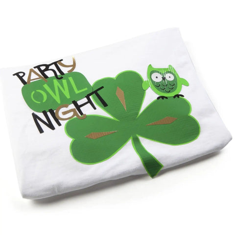 White t-shirt with green four-leaf clover and owl graphic, text 'Party Owl Night' design.