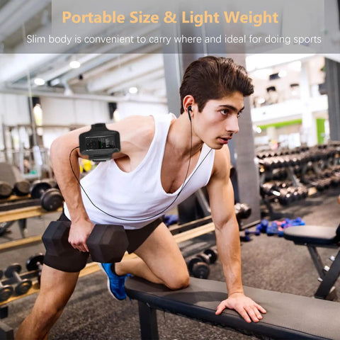 Man exercising in gym wearing a 64GB MP3 Player With Bluetooth Portable HiFi Lossless Music Player With Built In Speaker.