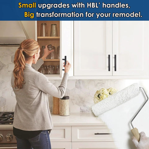 Woman installing Matte Black 3 Inch Center To Center Cabinet Pulls Set Of 30 Stainless Steel Kitchen Handles on white cabinets.