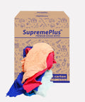 Colorful Recycled Cotton Rags For Home And Shop, Extra Absorbent 50 Lb Box Of T Shirt Scraps In Front Of Packaging