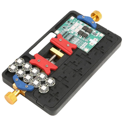 Precision Soldering Fixture For IC Chips And PCBs Clamp Holder for BGA and Micro Boards, showing a circuit board held in place.