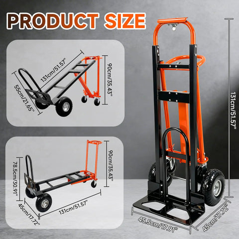 4 In 1 Convertible Hand Truck Heavy Duty Alloy Steel Folding Dolly Cart showcasing dimensions and different configurations.