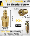 Top Shelf Brake Bleeder Screw Kit With Tough Brass Adapters For Car Calipers 1 4 28 Bspp To 1 8 Npt Thread showing brass bleeder screws dimensions.