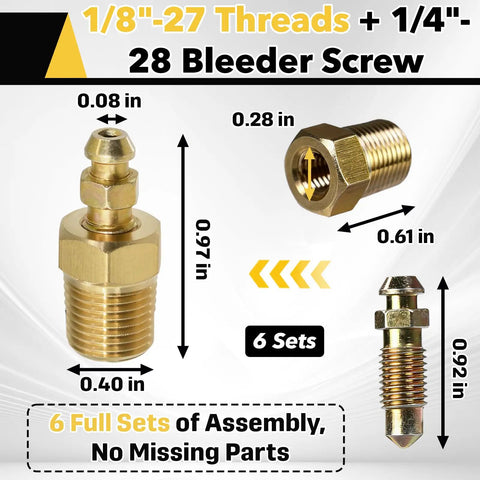 Top Shelf Brake Bleeder Screw Kit With Tough Brass Adapters For Car Calipers 1 4 28 Bspp To 1 8 Npt Thread showing brass bleeder screws dimensions.
