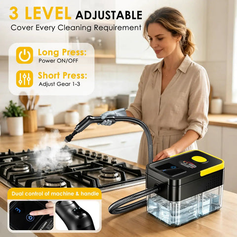 Huitine Portable Steam Cleaner With 1.9 Qt Tank using adjustable steam on stovetop for deep cleaning kitchen surfaces.