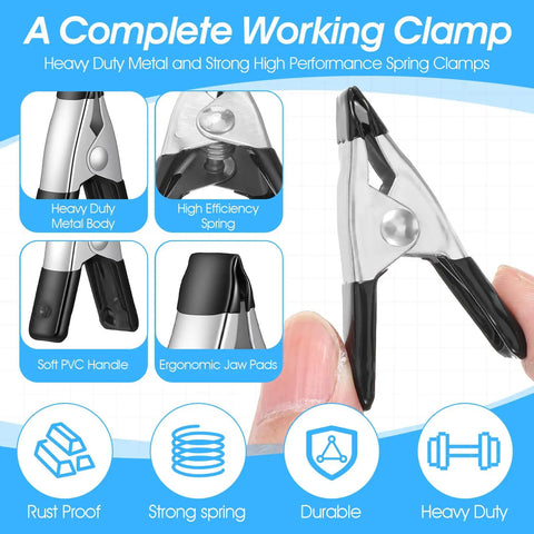 100 Pack 2 Inch Mini Spring Clamps with Rubber Tips Ultra Handy Heavy Duty Clips highlighting metal body and ergonomic jaw pads