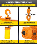 Heavy Duty 1 Ton Chain Hoist with 360 degree hook, snatch hook, chain storage bag, and grid housing for efficient lifting.