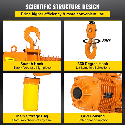 Heavy Duty 1 Ton Chain Hoist with 360 degree hook, snatch hook, chain storage bag, and grid housing for efficient lifting.