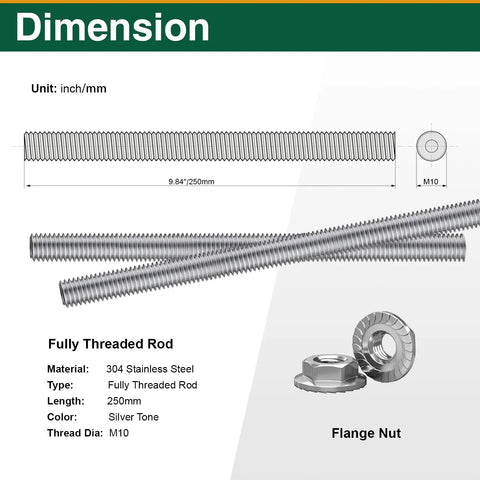 Built Tough M10 1.5 Pitch 250mm Fully Threaded Rod Studs In 304 Stainless Steel, flange nuts, side view dimensions shown