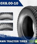 Close-up of Turf Saver Tire 20X8-10 with detailed tread and sidewall markings for lawn and garden use.