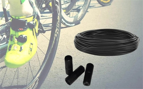 5mm 50ft lined bicycle brake cable housing with 30 end caps black for smooth braking beside bike wheel and bright shoe