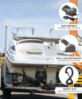 View of 2 Pack Stainless Steel Retractable Ratchet Straps 1 7/8 In x 4 Ft Transom Boat Trailer Tie Downs on a mounted boat