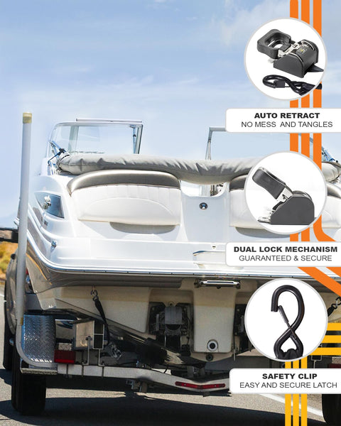 View of 2 Pack Stainless Steel Retractable Ratchet Straps 1 7/8 In x 4 Ft Transom Boat Trailer Tie Downs on a mounted boat
