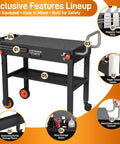 All In One Outdoor Grill Cart For 17 To 22 Inch Griddles And Pizza Ovens with magnetic tool strip, shelves, and storage features.