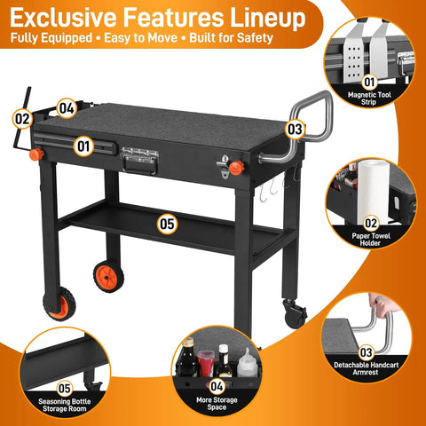 All In One Outdoor Grill Cart For 17 To 22 Inch Griddles And Pizza Ovens with magnetic tool strip, shelves, and storage features.